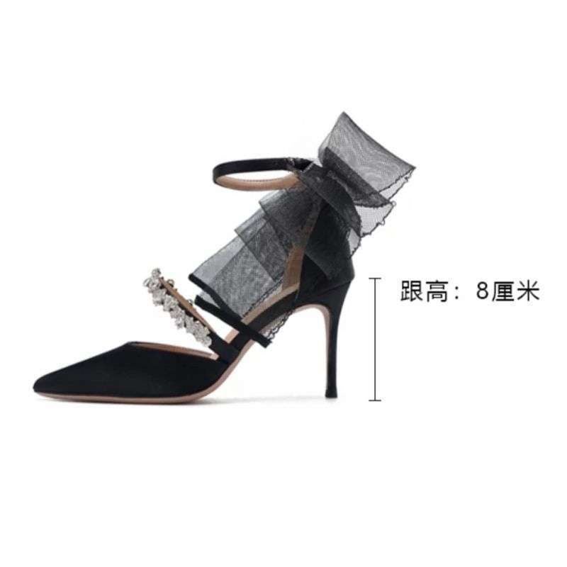 Rhinestone Bow High-Heeled Sandals 2025 Summer White Wedding Shoes Pointed Toe Socialite Stiletto Buckle Shoes Black - Image 1